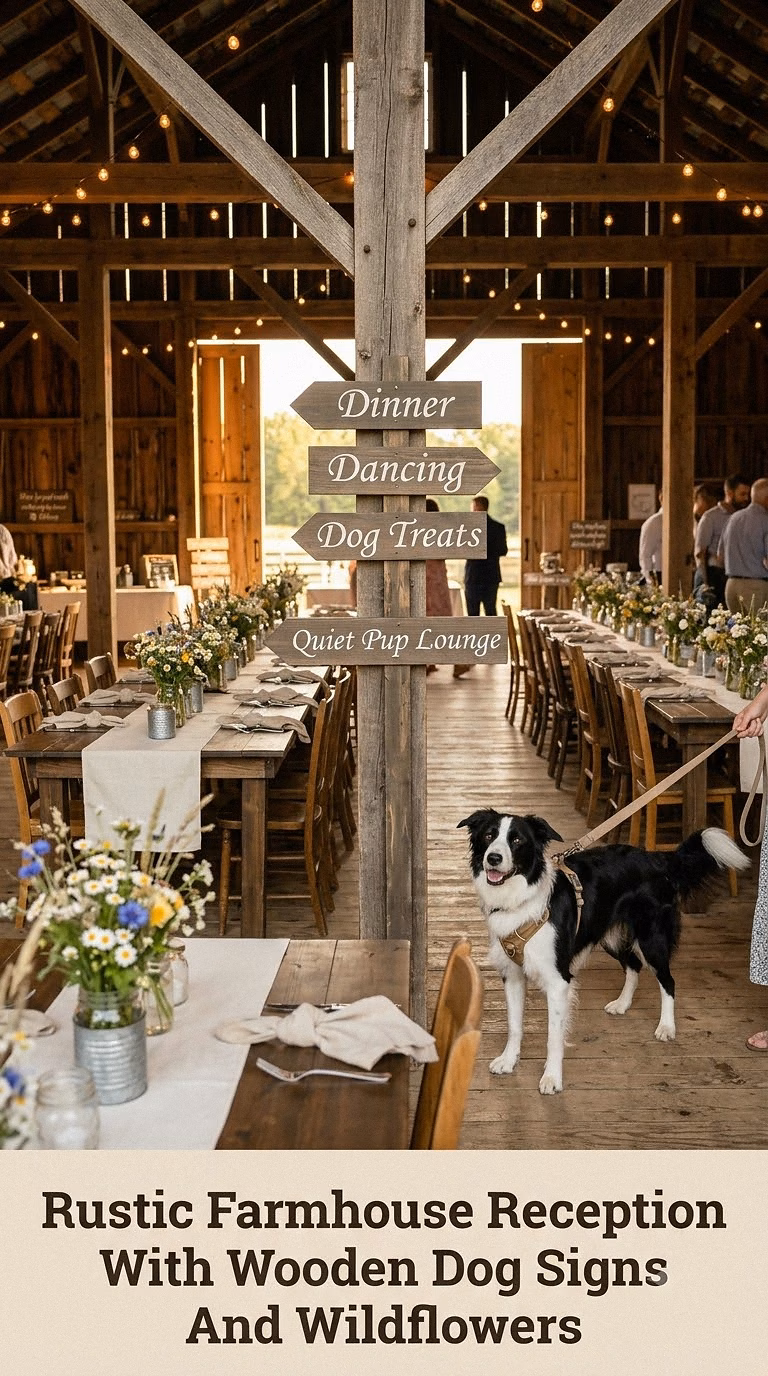 Rustic Farmhouse Reception With Wooden Dog Signs And Wildflowers