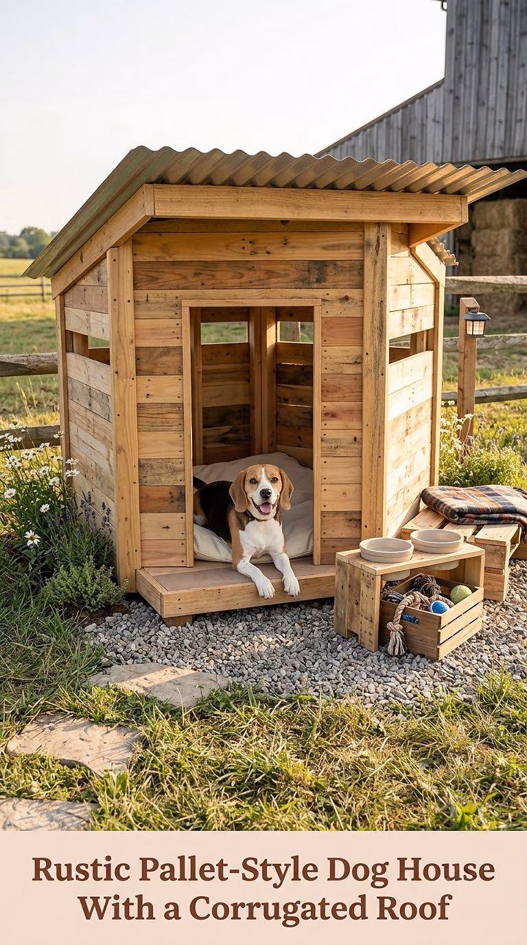 14. Rustic Pallet-Style Dog House With a Corrugated Roof