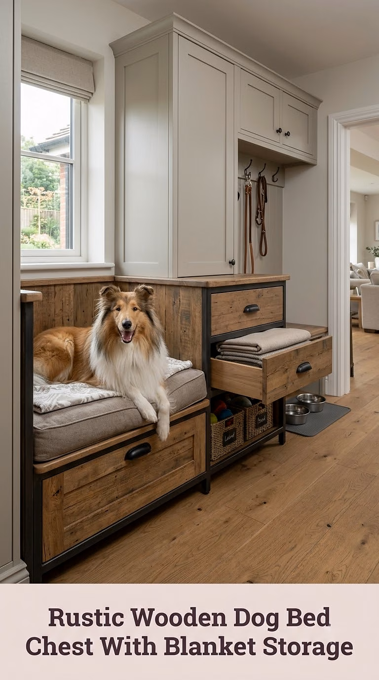 Rustic Wooden Dog Bed Chest With Blanket Storage