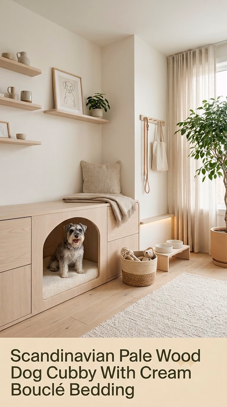 14. Scandinavian Pale Wood Dog Cubby With Cream Bouclé Bedding