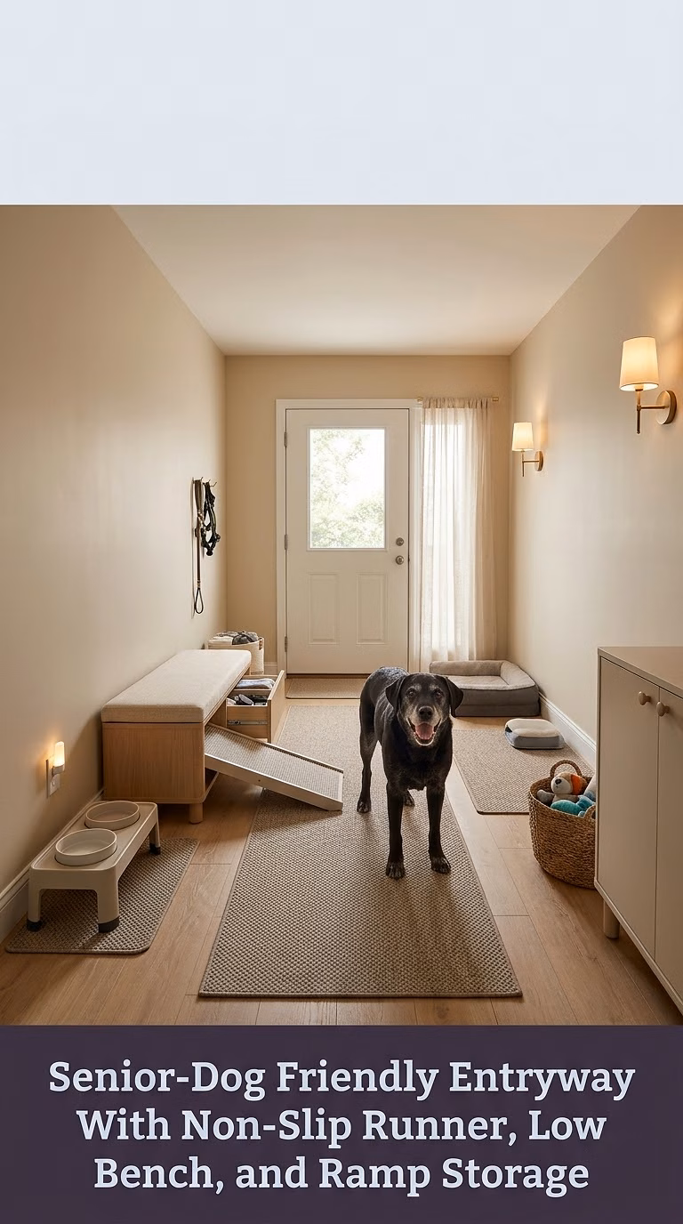 14. Senior-Dog Friendly Entryway With Non-Slip Runner, Low Bench, and Ramp Storage