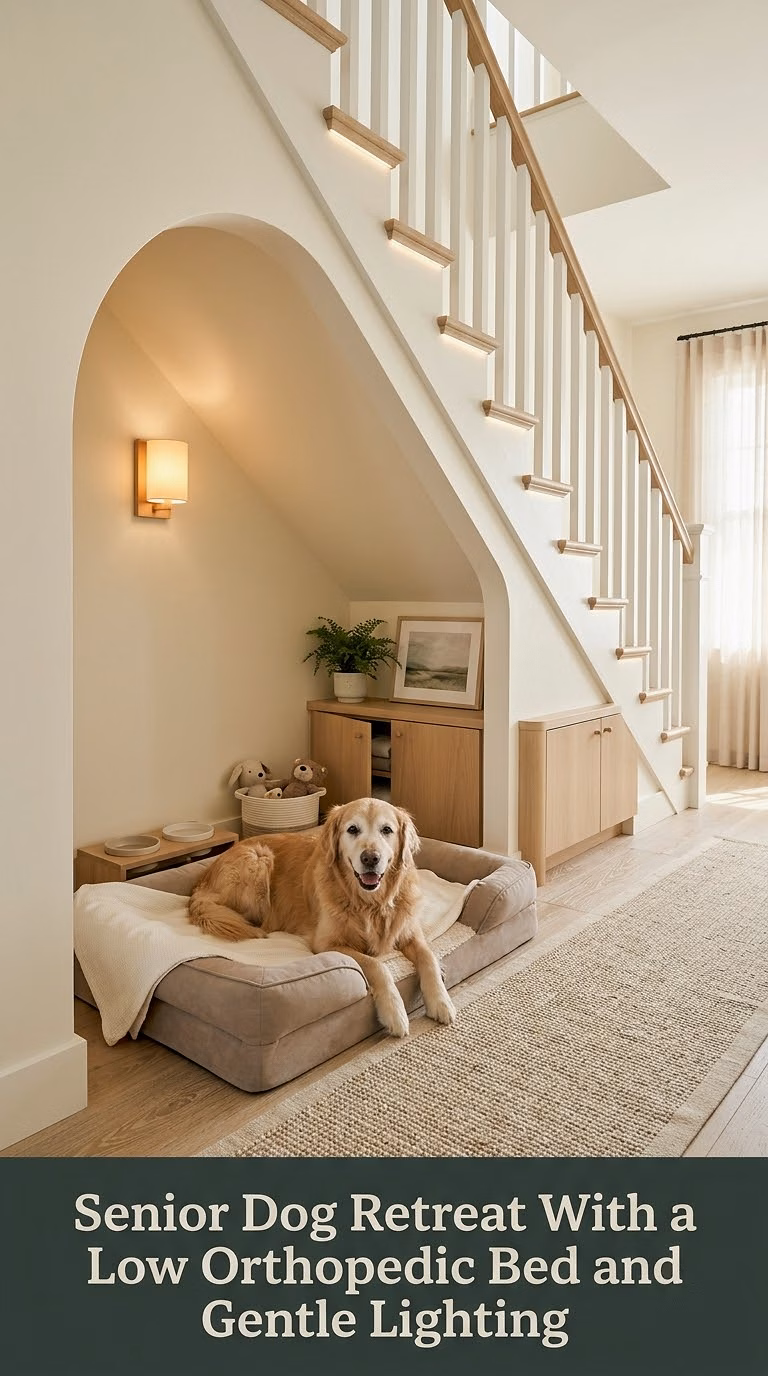 14. Senior Dog Retreat With a Low Orthopedic Bed and Gentle Lighting