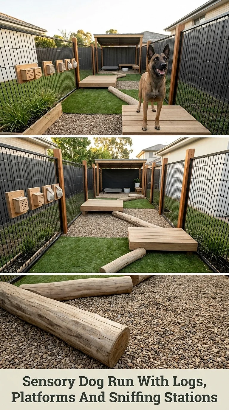 Sensory Dog Run With Logs, Platforms And Sniffing Stations