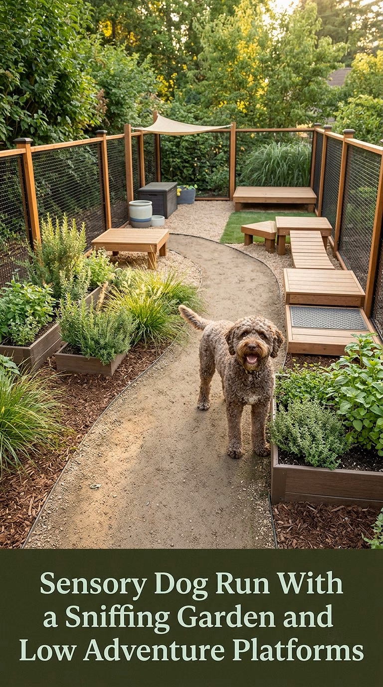 Sensory Dog Run With a Sniffing Garden and Low Adventure Platforms