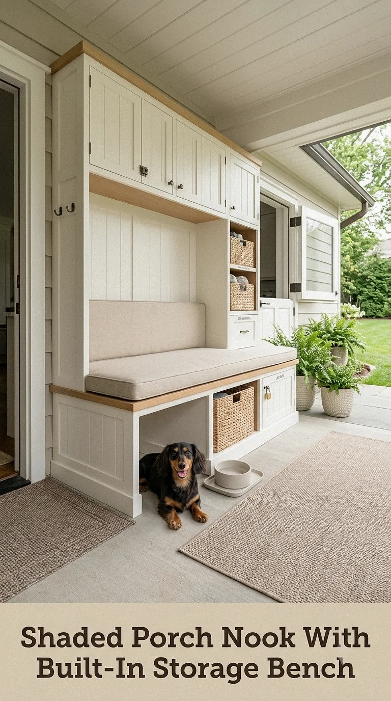 Shaded Porch Nook With Built-In Storage Bench