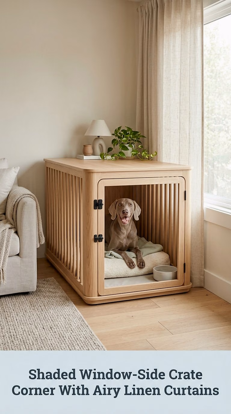 Shaded Window-Side Crate Corner With Airy Linen Curtains