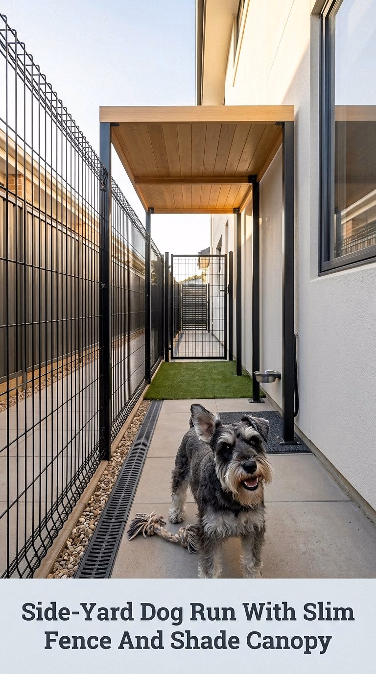 Side-Yard Dog Run With Slim Fence And Shade Canopy
