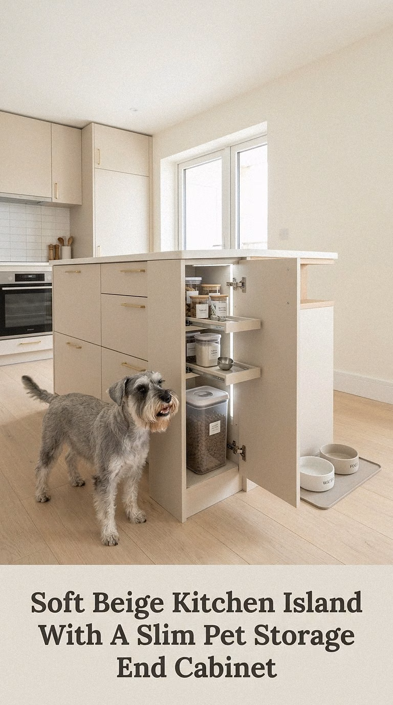 Soft Beige Kitchen Island With A Slim Pet Storage End Cabinet