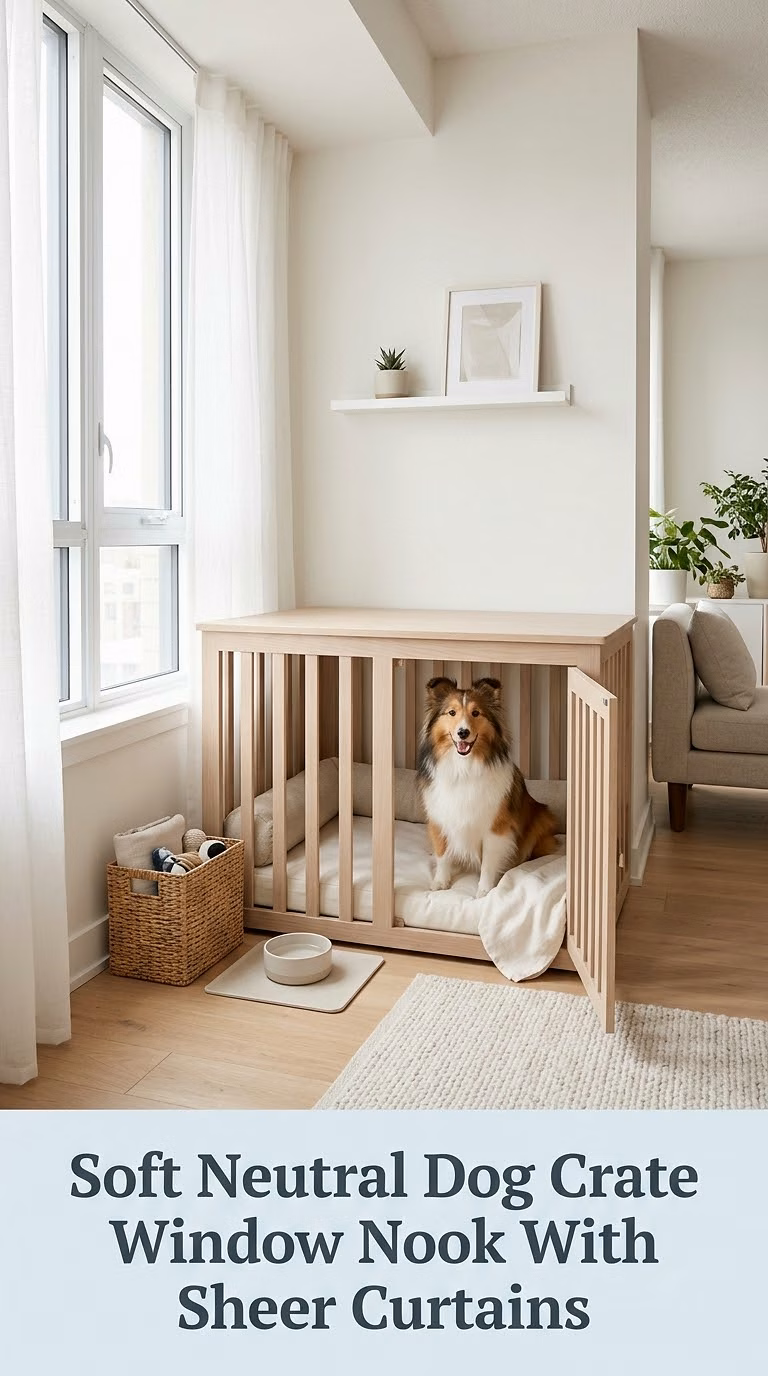 Soft Neutral Dog Crate Window Nook With Sheer Curtains