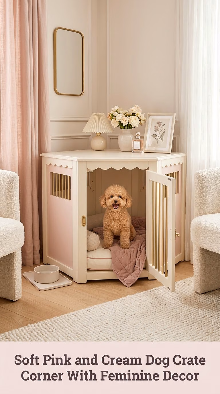 Soft Pink and Cream Dog Crate Corner With Feminine Decor