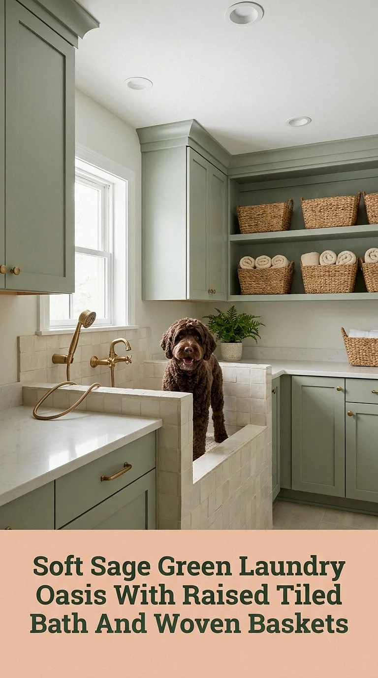 Soft Sage Green Laundry Oasis With Raised Tiled Dog Bath And Woven Baskets