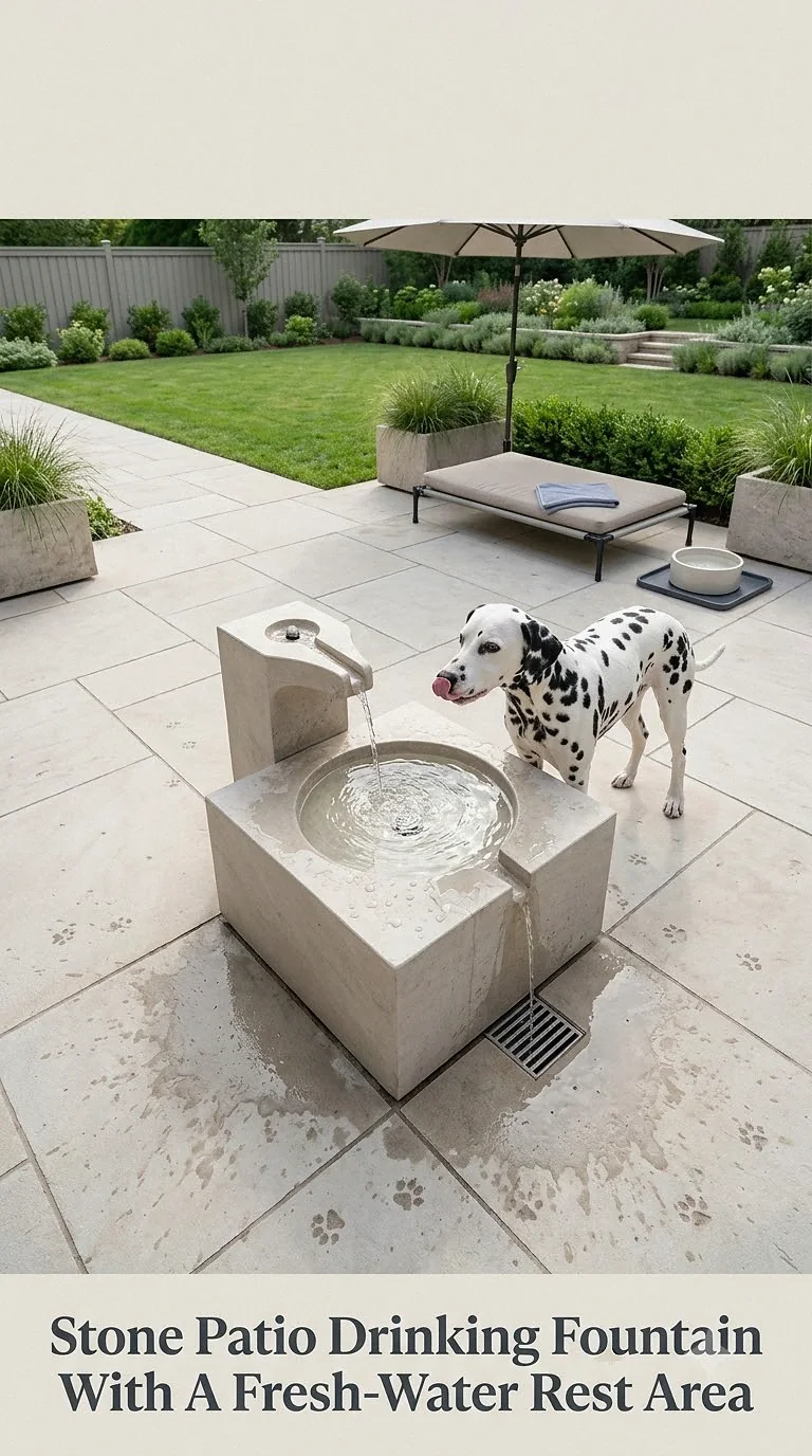 Stone Patio Drinking Fountain With A Fresh-Water Rest Area