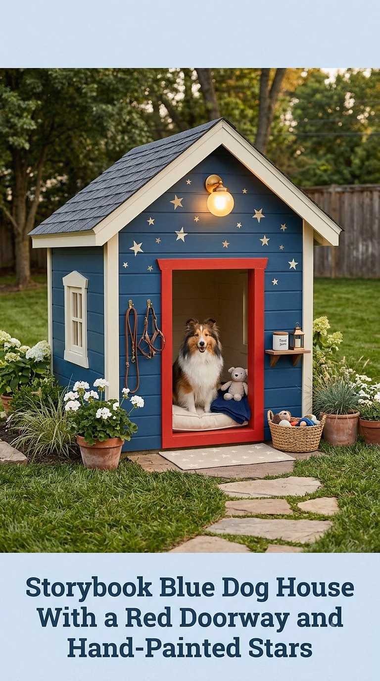 14. Storybook Blue Dog House With a Red Doorway and Hand-Painted Stars