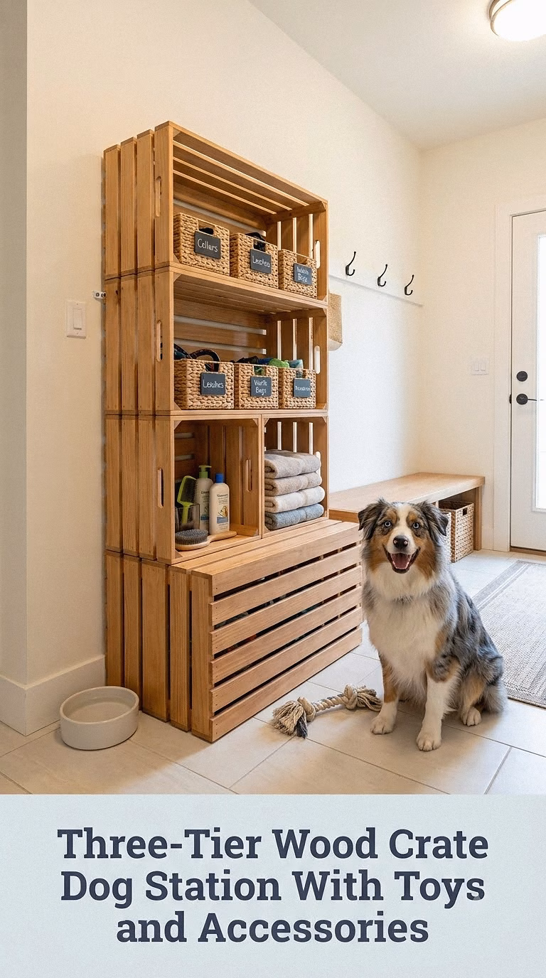 Three-Tier Wood Crate Dog Station With Toys and Accessories