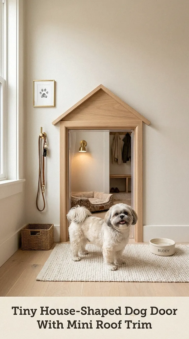 Tiny House-Shaped Dog Door With Mini Roof Trim