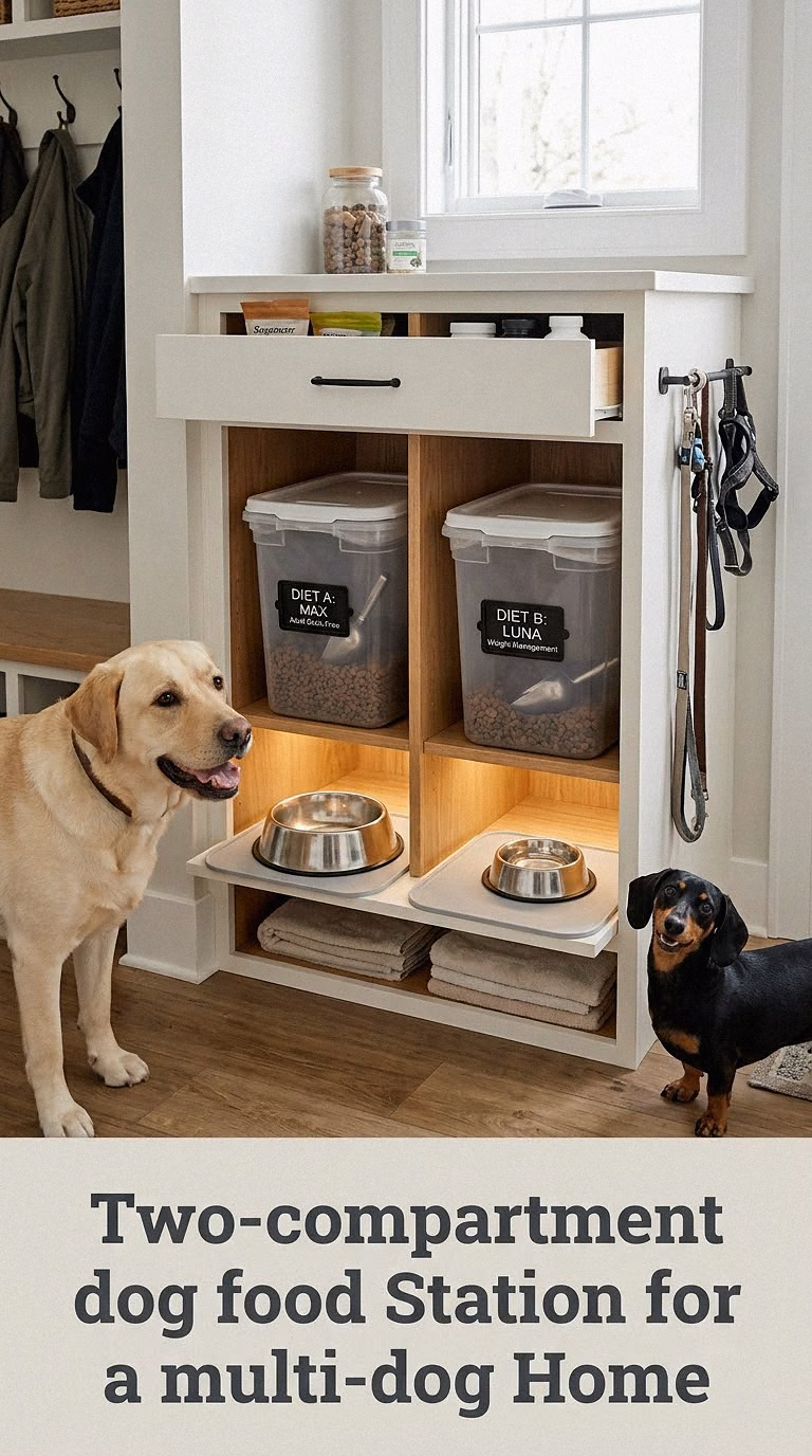 Two-Compartment Dog Food Station For A Multi-Dog Home