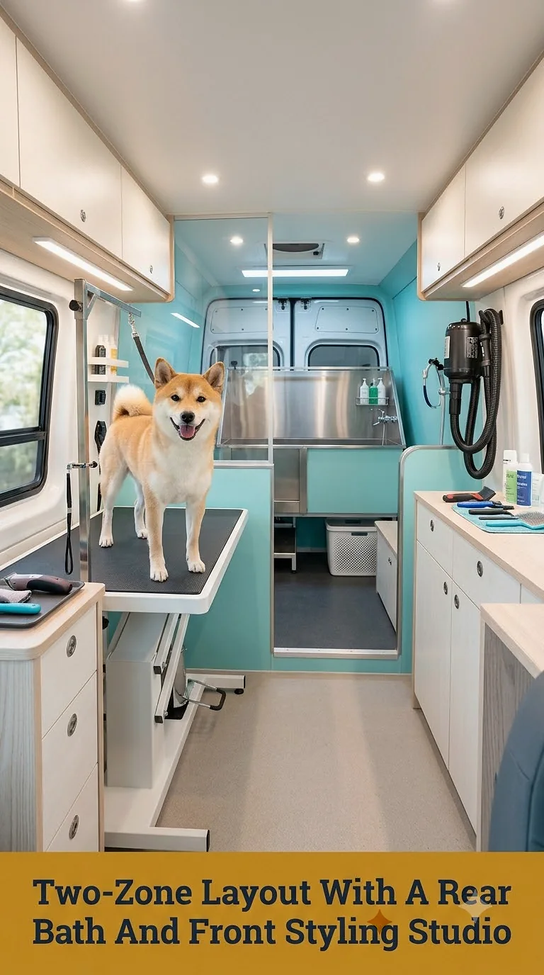 Two-Zone Layout With A Rear Bath And Front Styling Studio