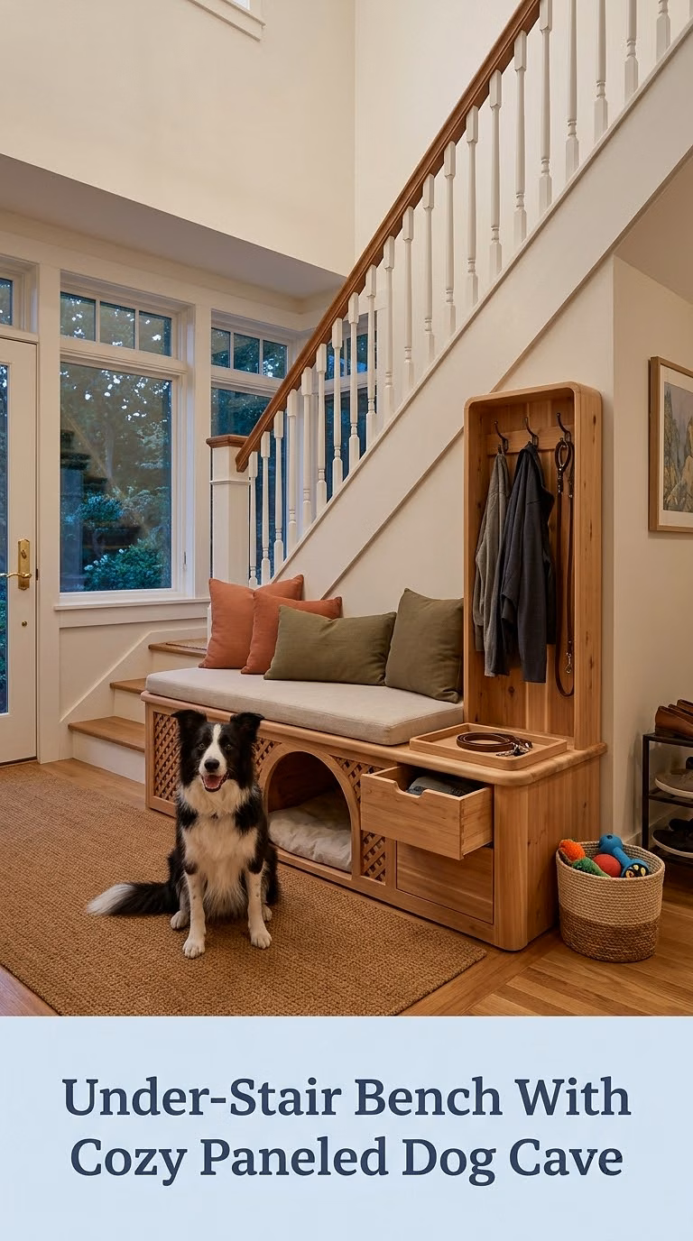 Under-Stair Bench With Cozy Paneled Dog Cave