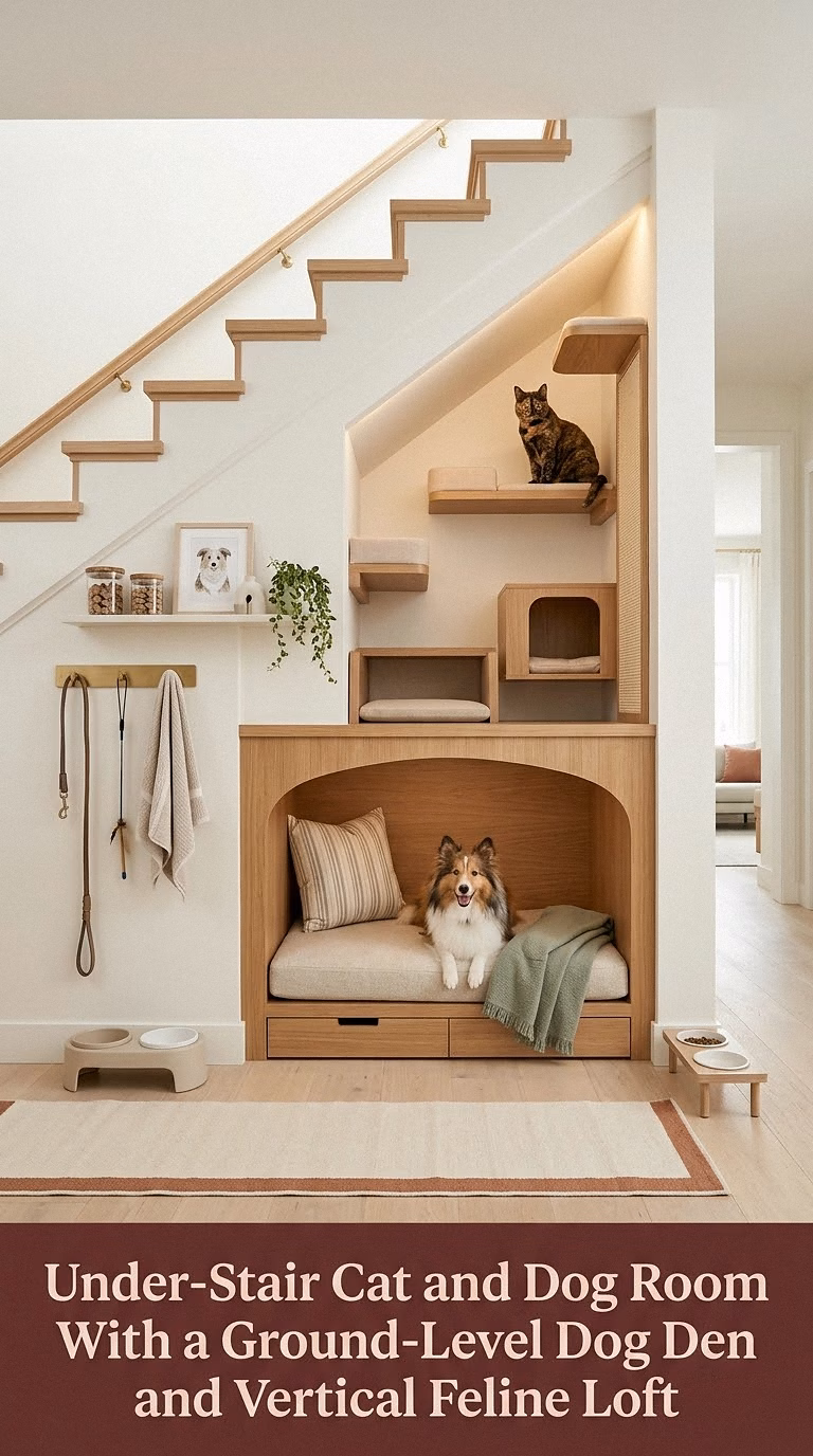 14. Under-Stair Cat and Dog Room With a Ground-Level Dog Den and Vertical Feline Loft