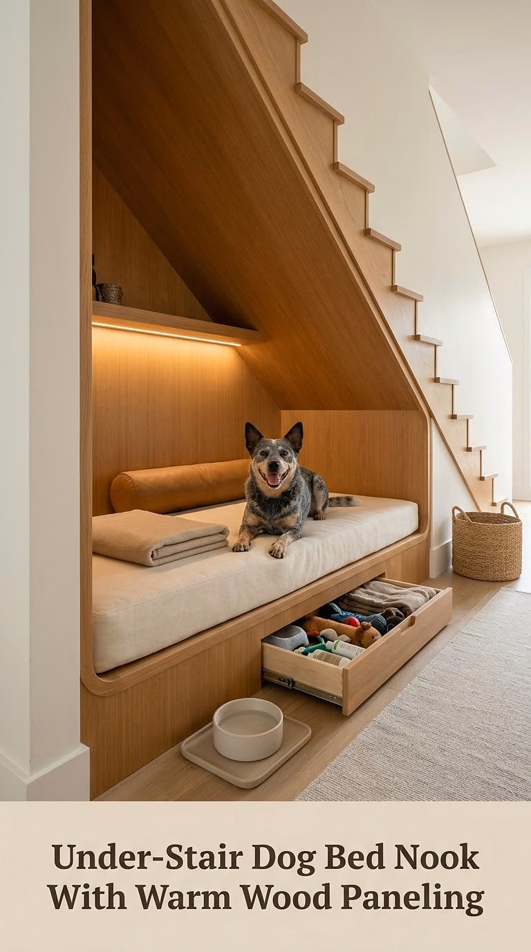 Under-Stair Dog Bed Nook With Warm Wood Paneling