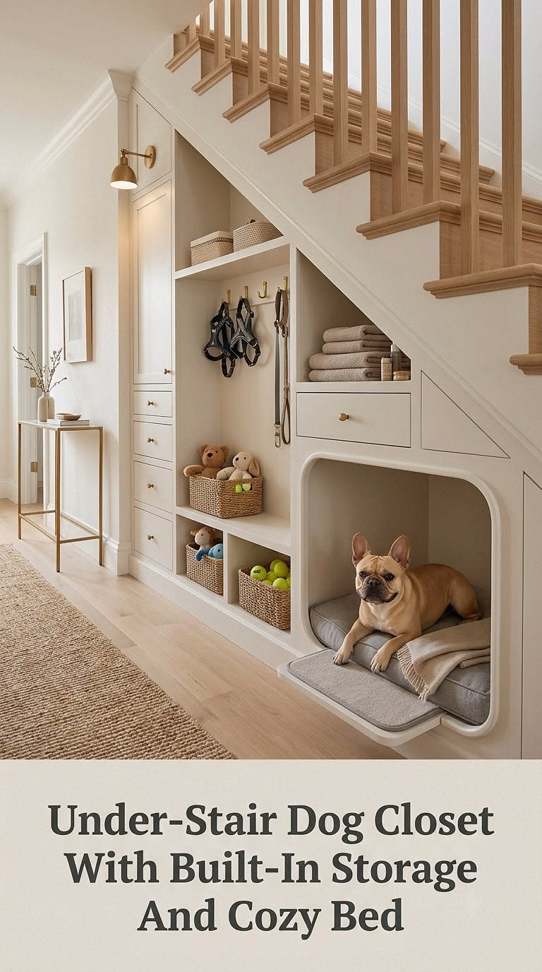 Under-Stair Dog Closet With Built-In Storage And Cozy Bed