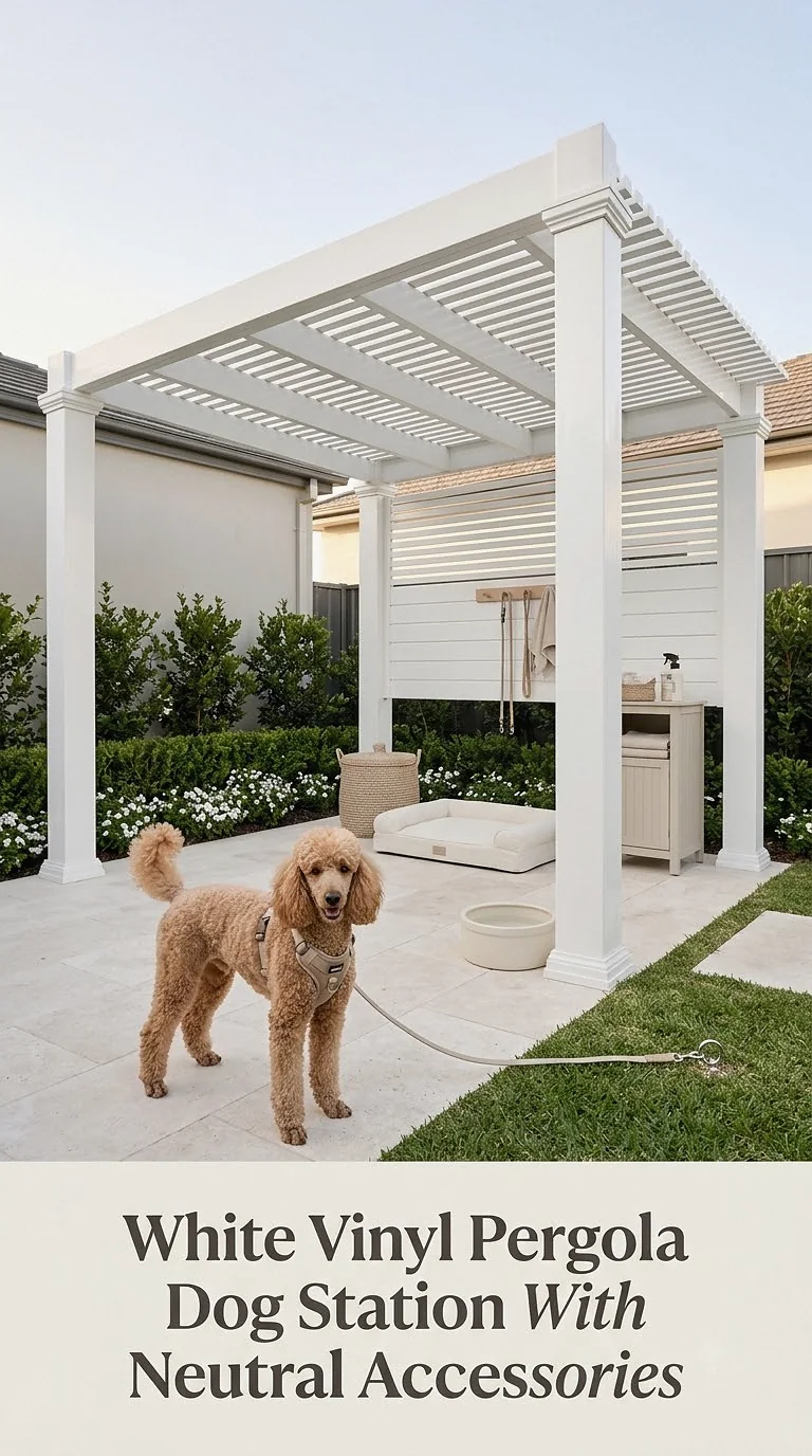 White Vinyl Pergola Dog Station With Neutral Accessories