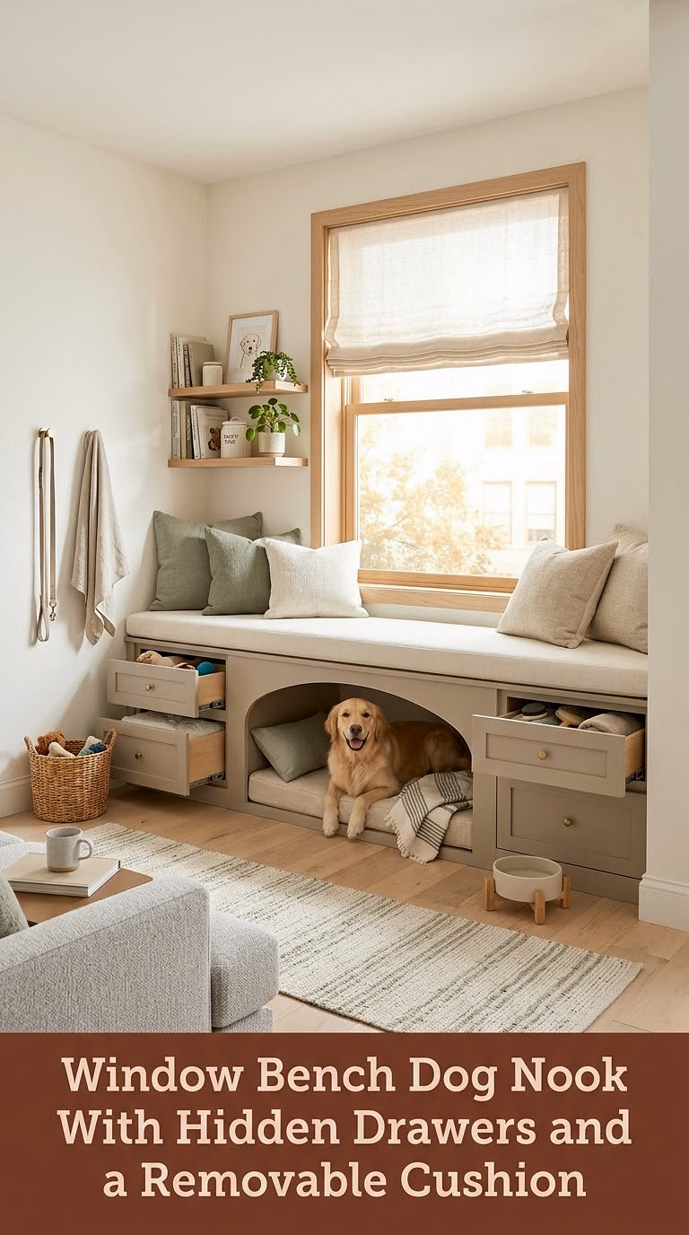 14. Window Bench Dog Nook With Hidden Drawers and a Removable Cushion