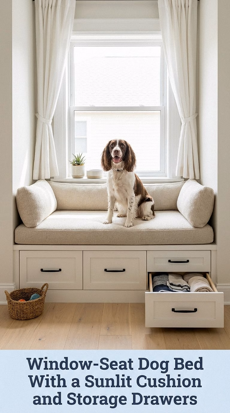Window-Seat Dog Bed With a Sunlit Cushion and Storage Drawers