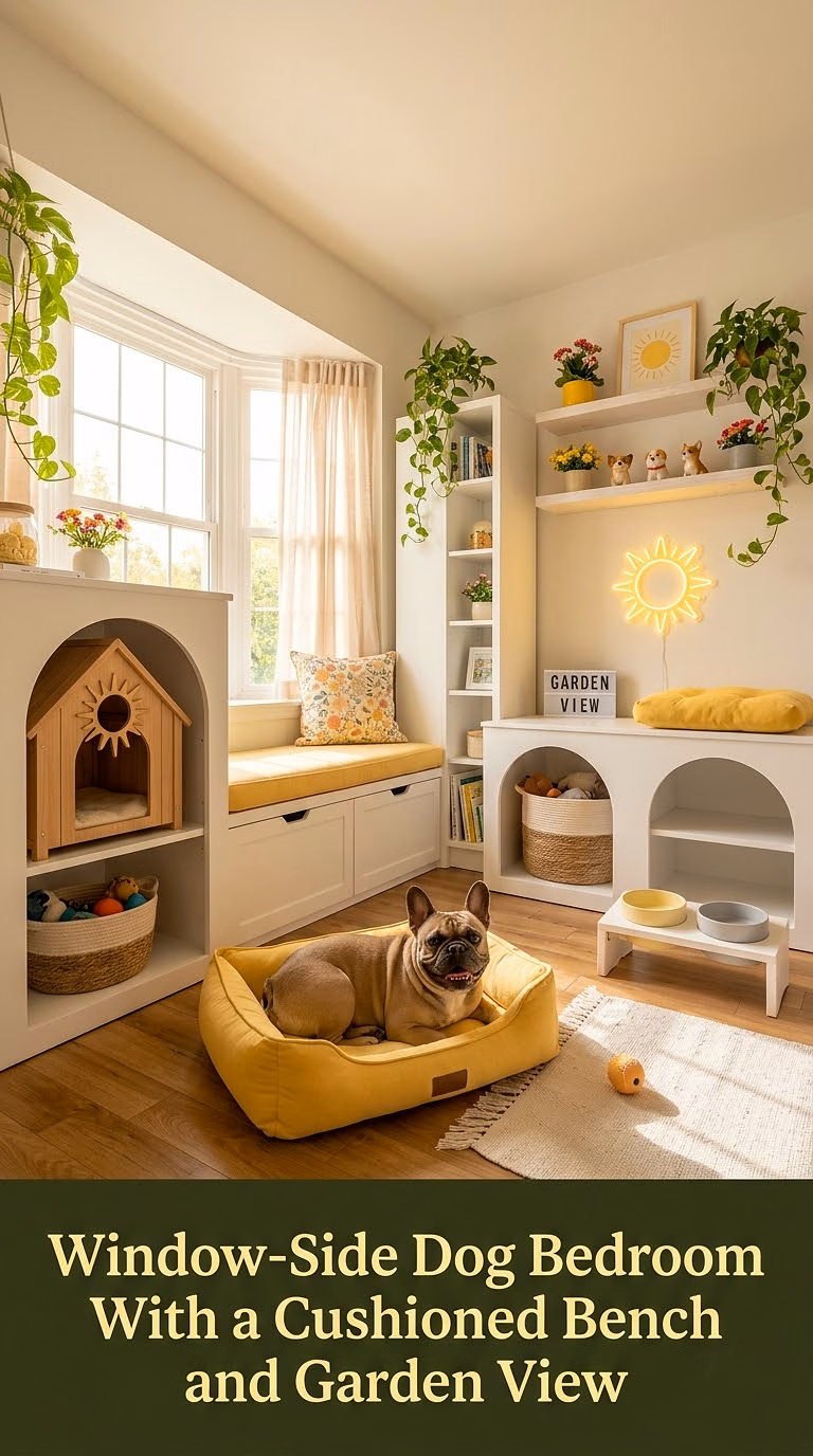 14. Window-Side Dog Bedroom With a Cushioned Bench and Garden View