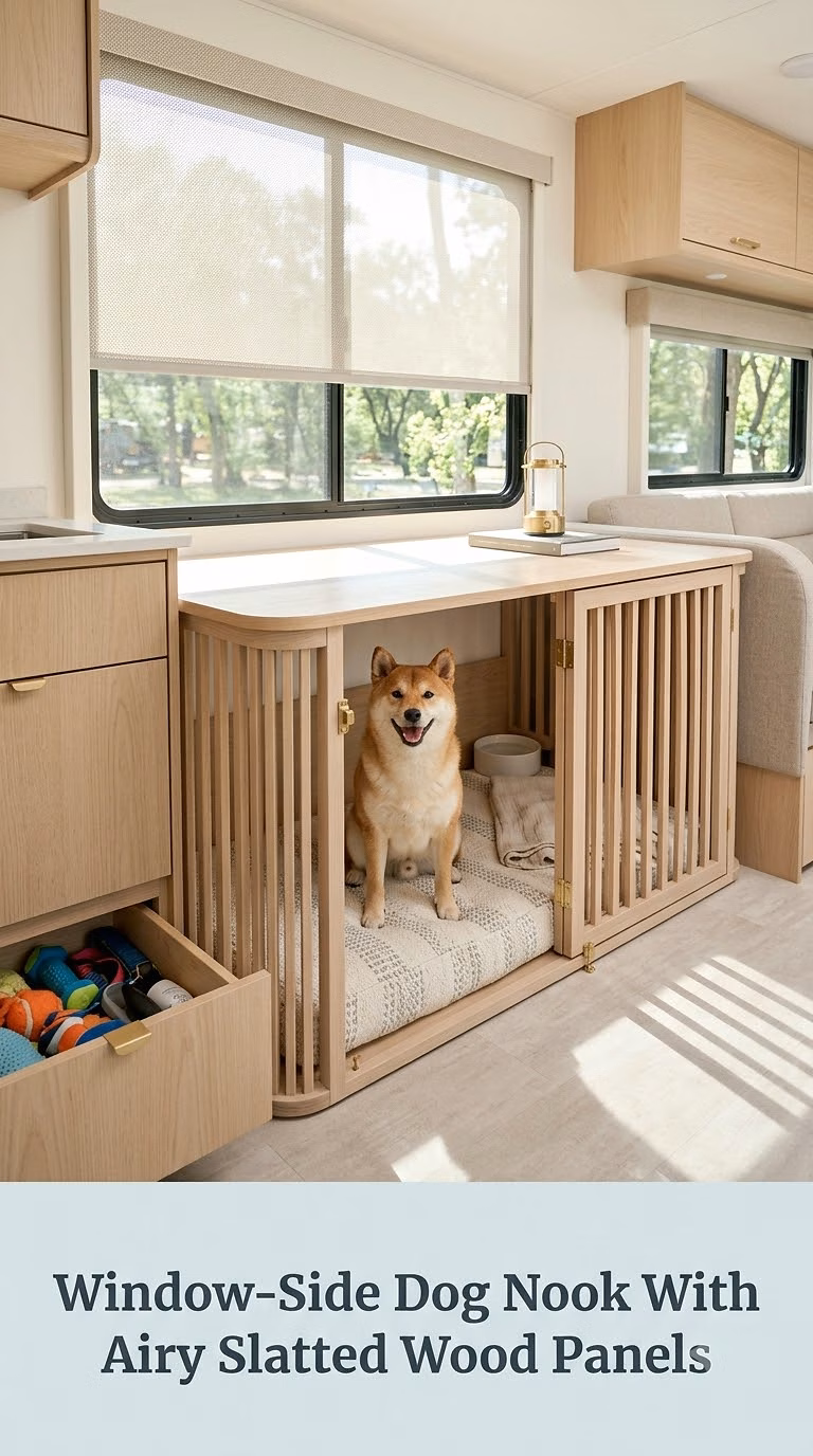 Window-Side Dog Nook With Airy Slatted Wood Panels