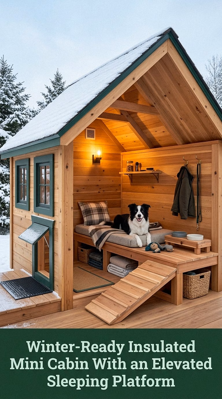 14. Winter-Ready Insulated Mini Cabin With an Elevated Sleeping Platform