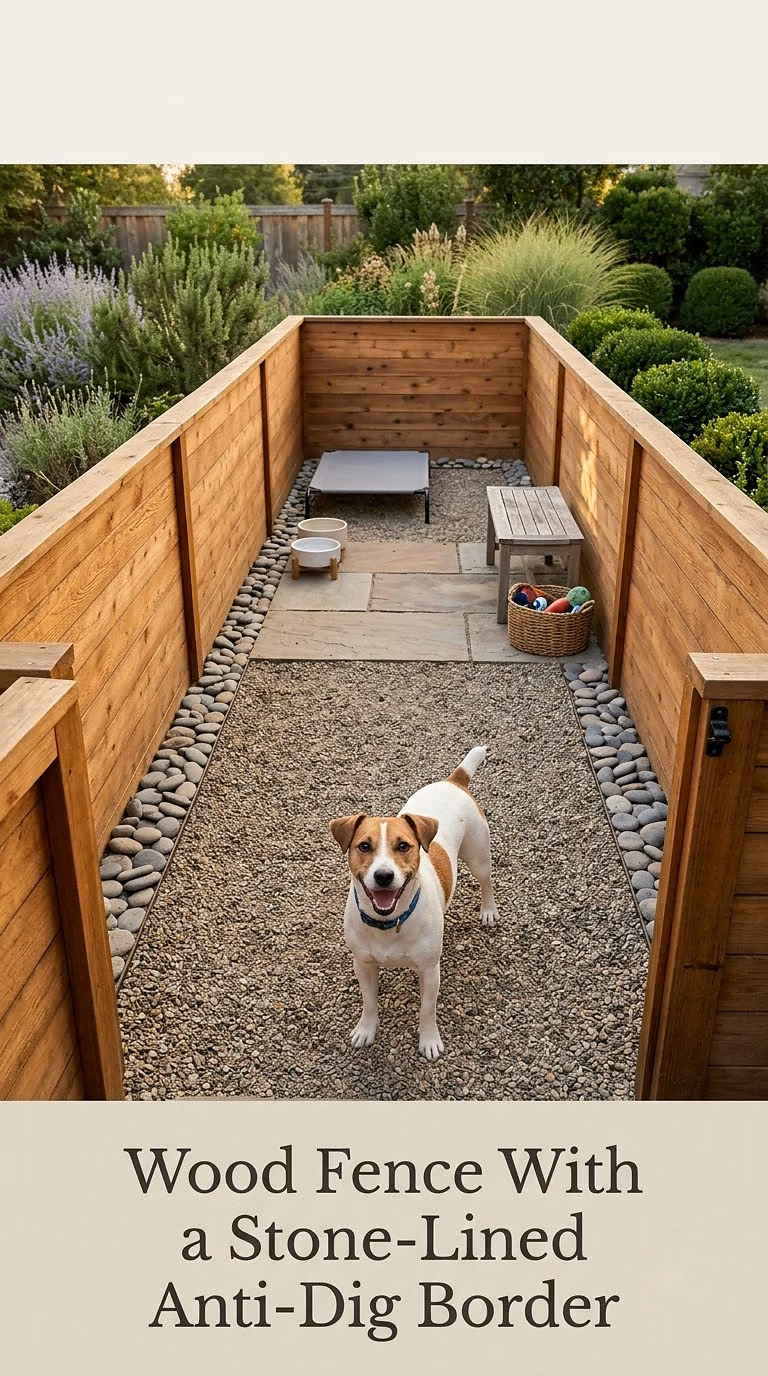 Wood Fence With a Stone-Lined Anti-Dig Border