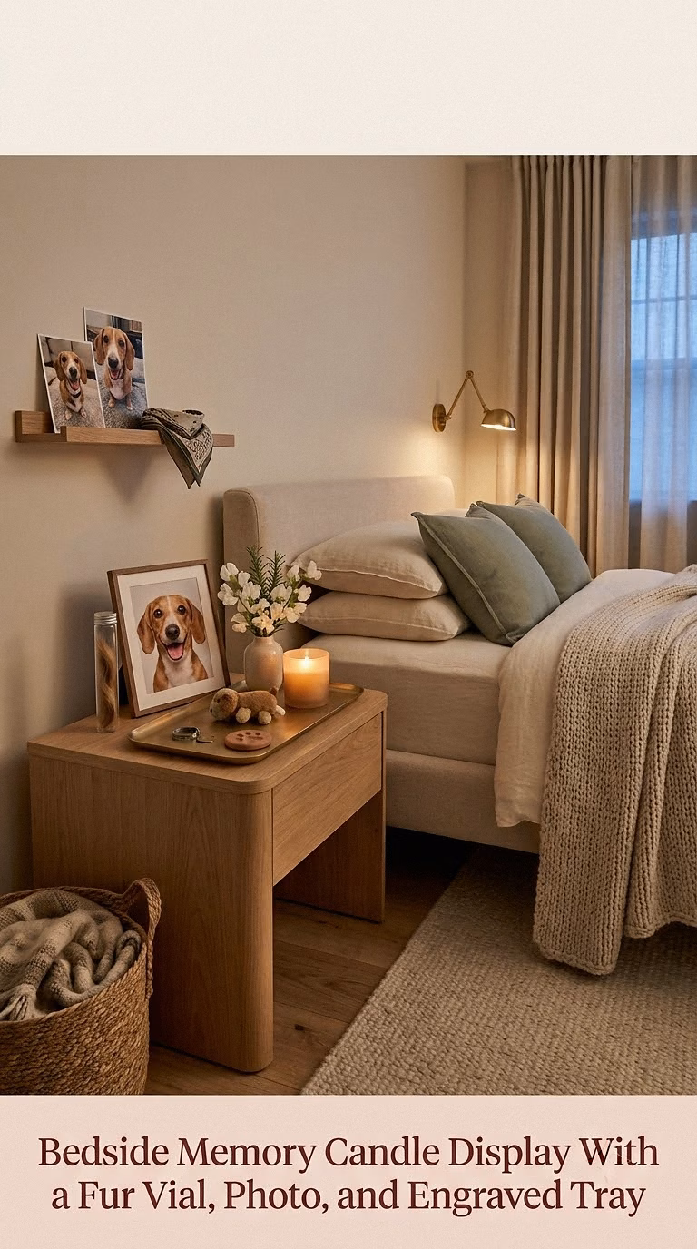 15. Bedside Memory Candle Display With a Fur Vial, Photo, and Engraved Tray