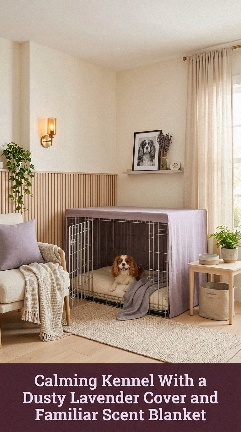15. Calming Kennel With a Dusty Lavender Cover and Familiar Scent Blanket