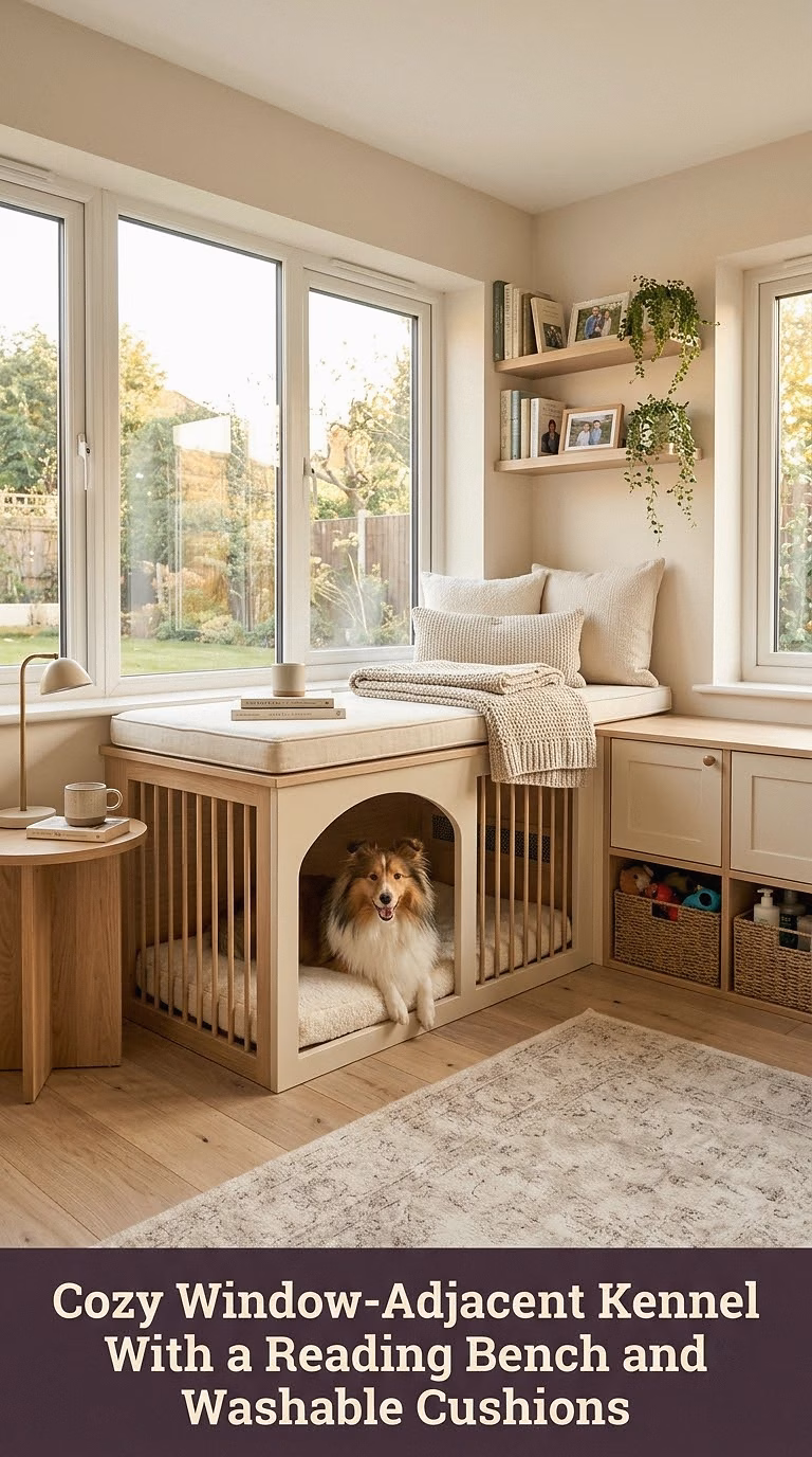 15. Cozy Window-Adjacent Kennel With a Reading Bench and Washable Cushions