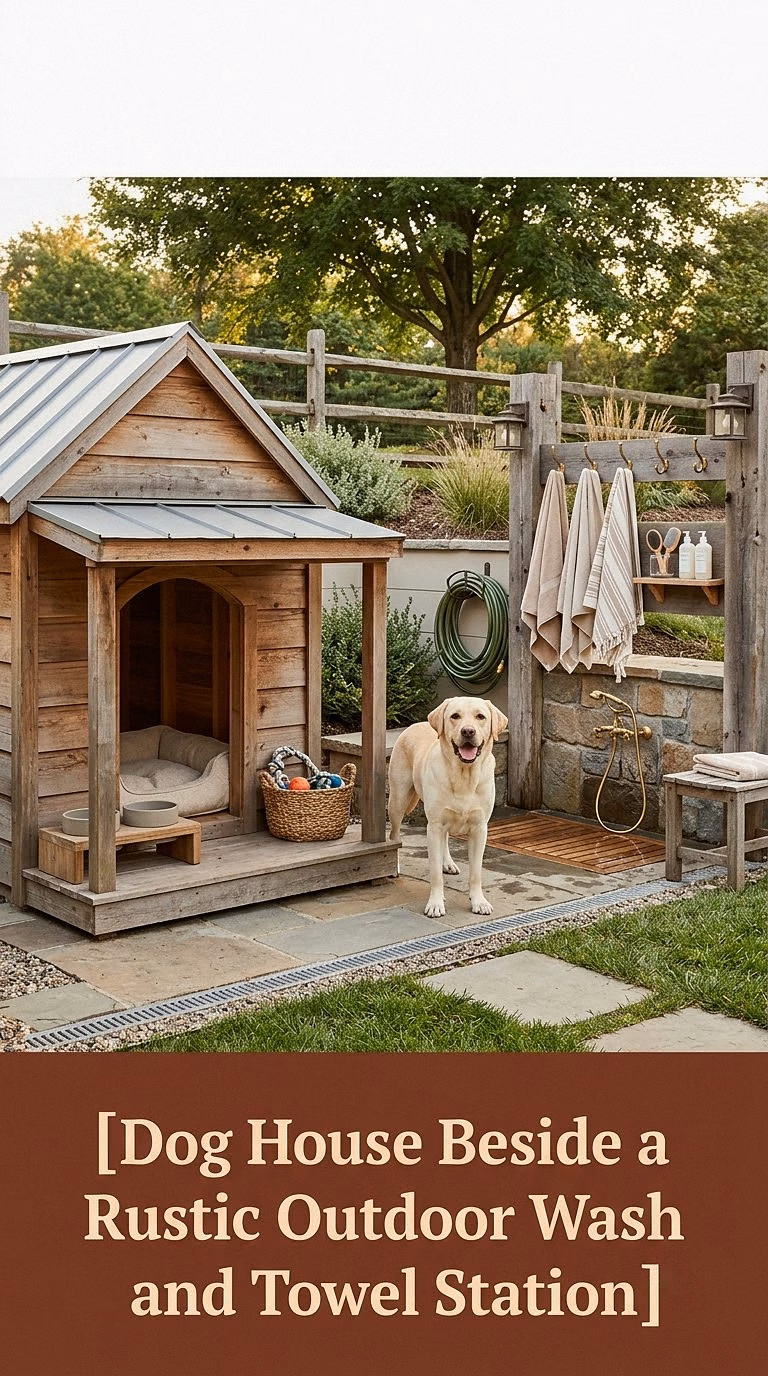 15. Dog House Beside a Rustic Outdoor Wash and Towel Station