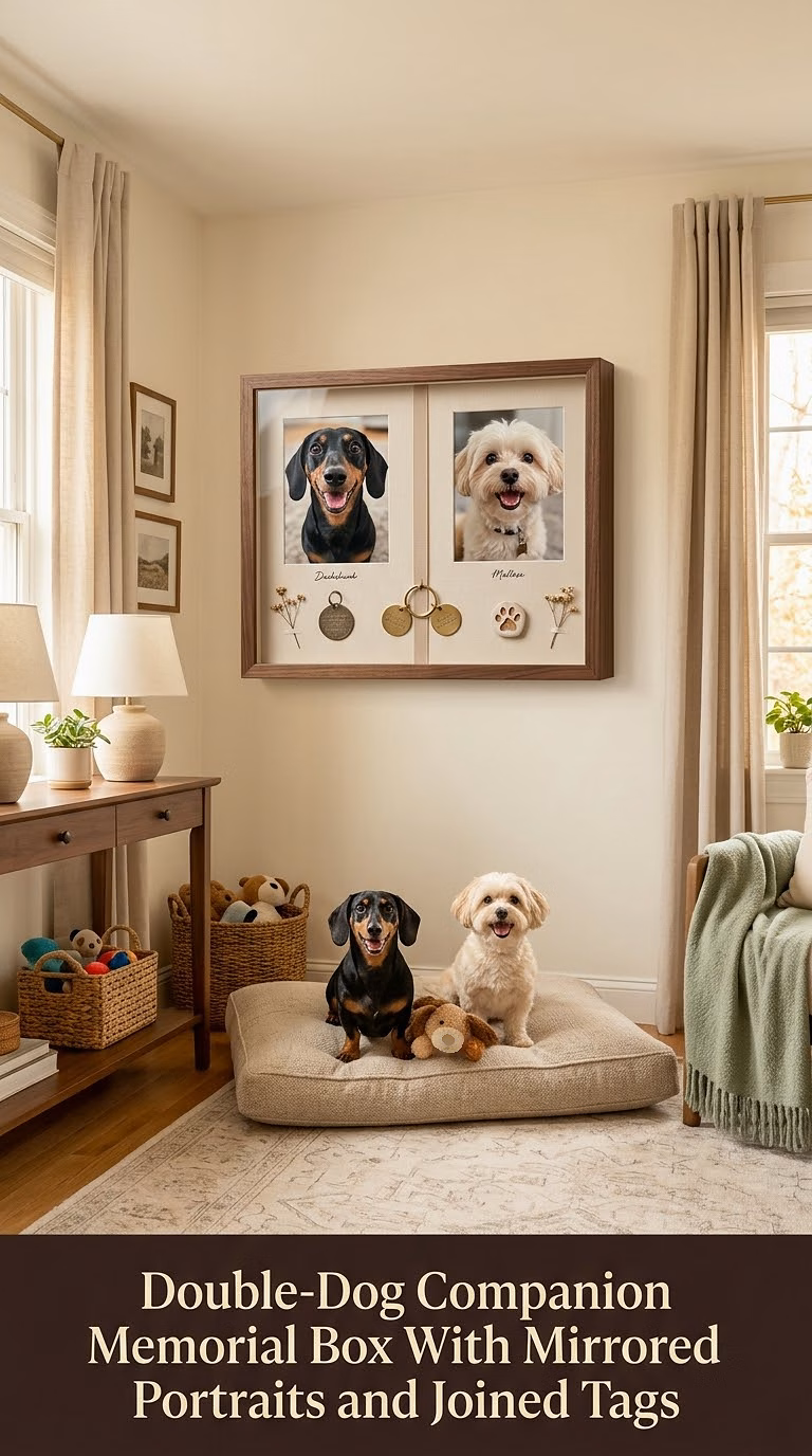 15. Double-Dog Companion Memorial Box With Mirrored Portraits and Joined Tags
