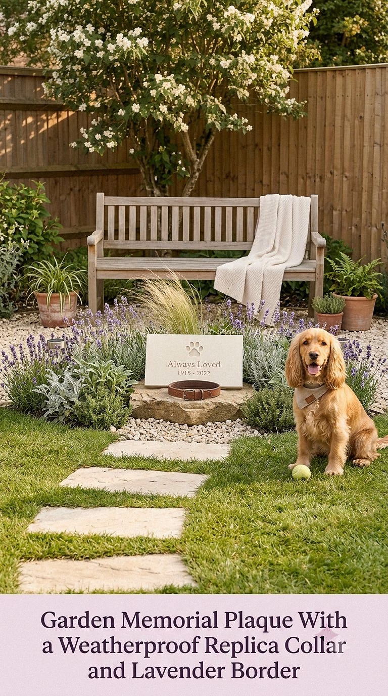 15. Garden Memorial Plaque With a Weatherproof Replica Collar and Lavender Border