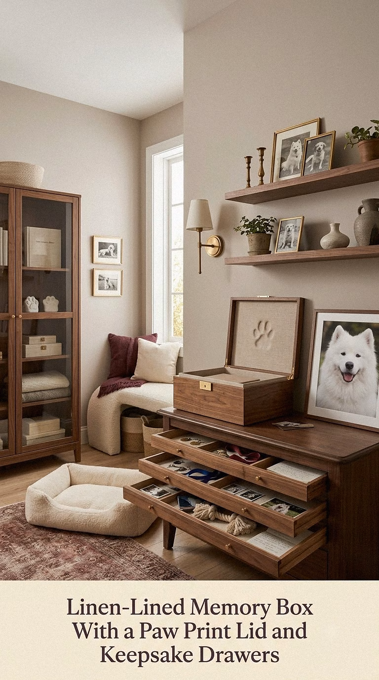 15. Linen-Lined Memory Box With a Paw Print Lid and Keepsake Drawers