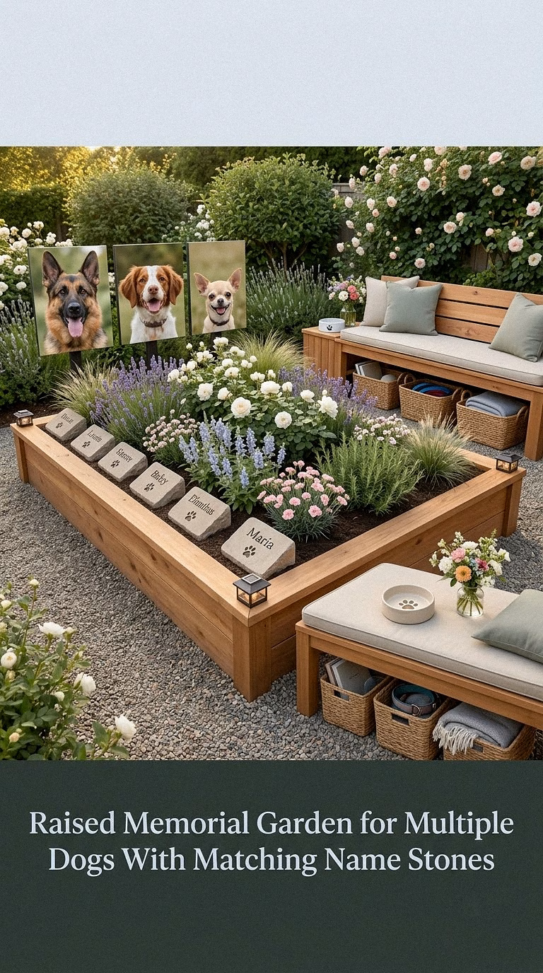 15. Raised Memorial Garden for Multiple Dogs With Matching Name Stones
