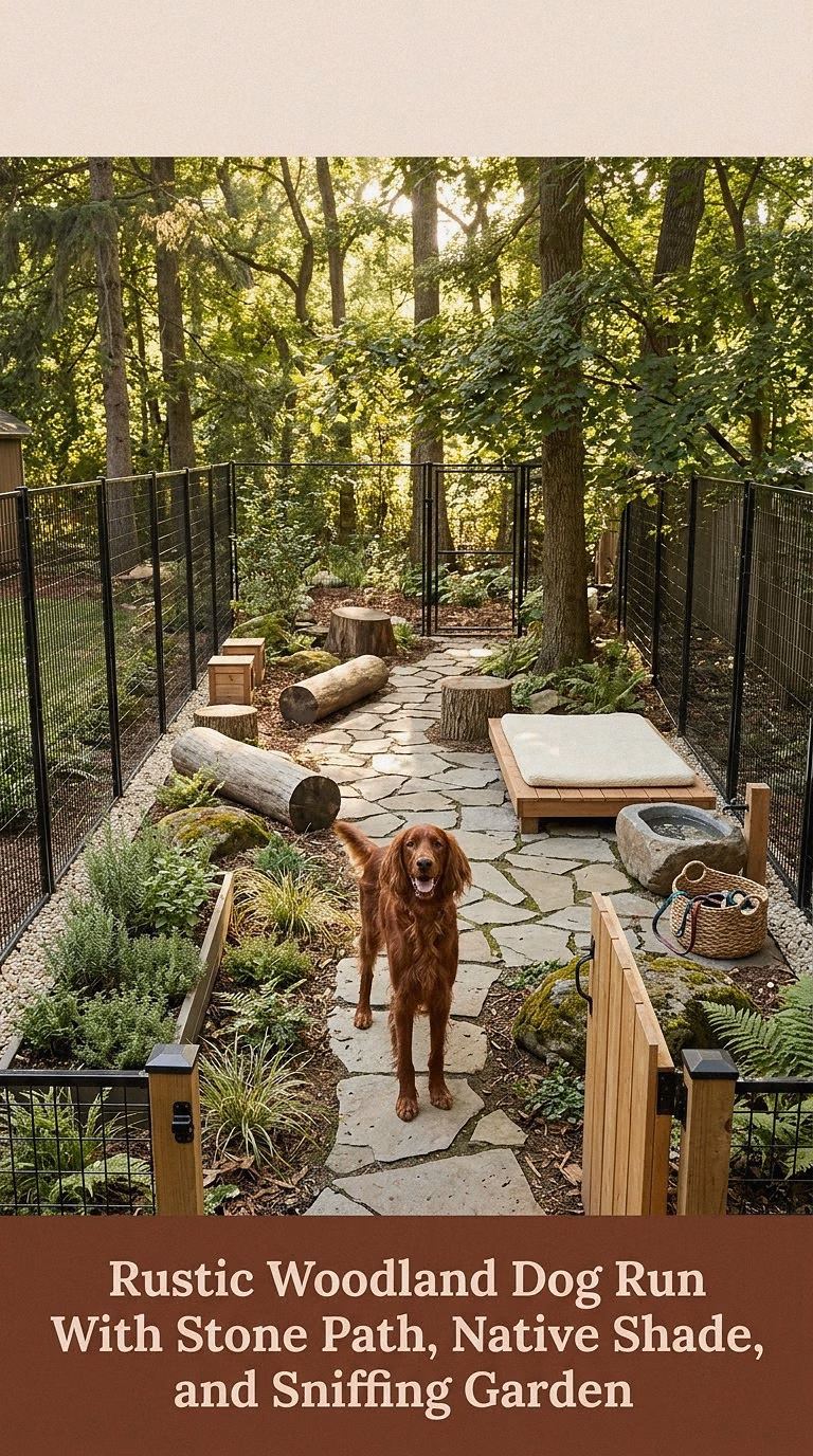 15. Rustic Woodland Dog Run With Stone Path, Native Shade, and Sniffing Garden
