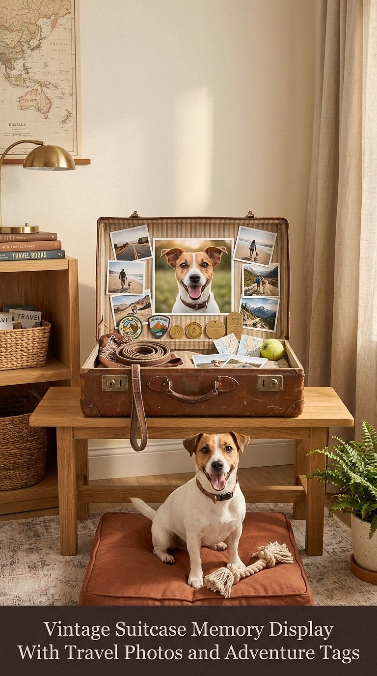 15. Vintage Suitcase Memory Display With Travel Photos and Adventure Tags