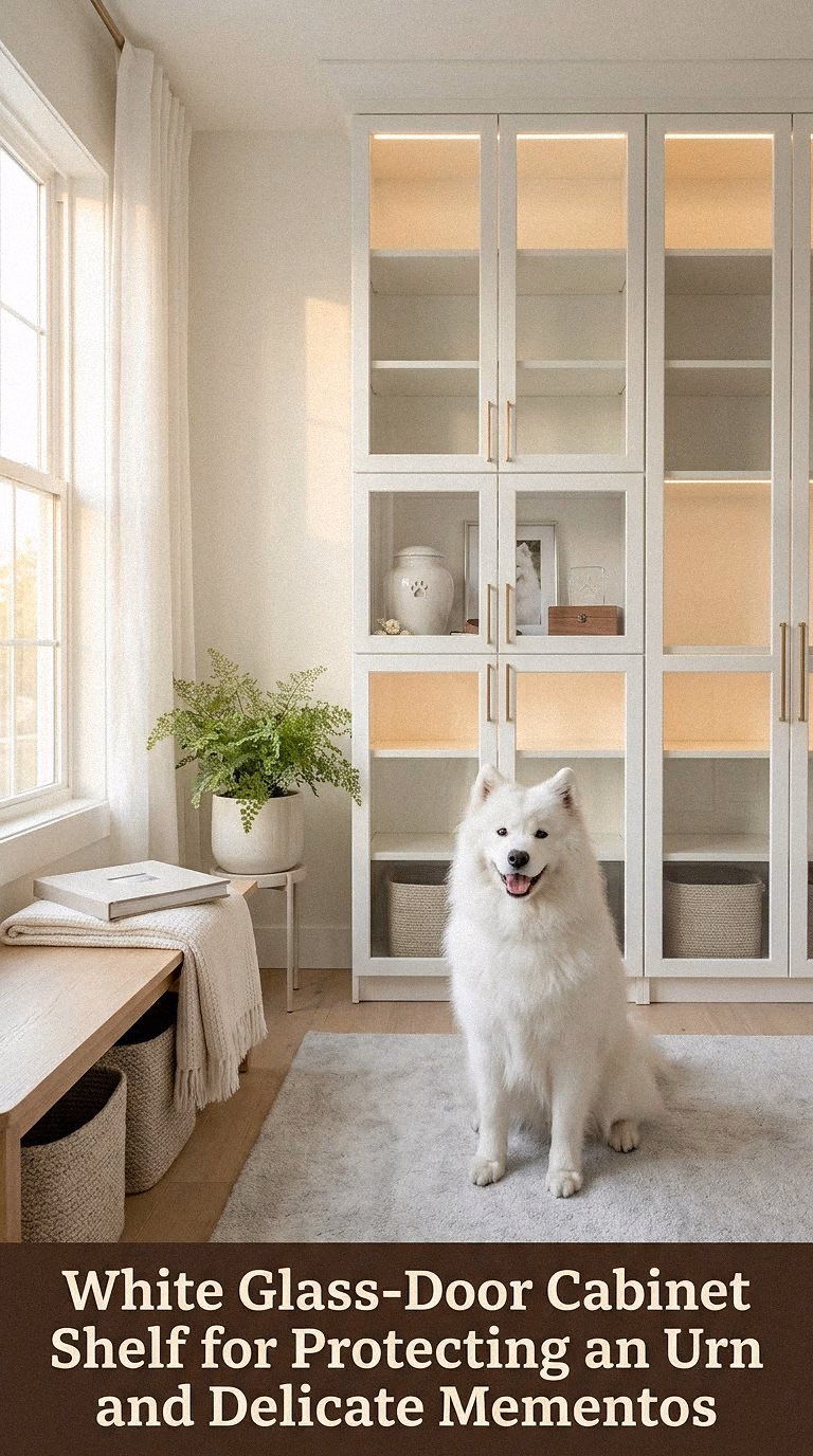 15. White Glass-Door Cabinet Shelf for Protecting an Urn and Delicate Mementos