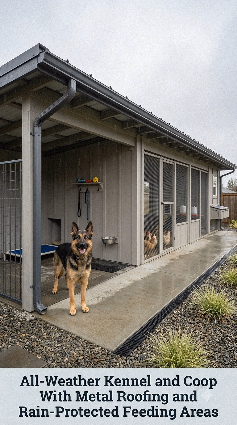 All-Weather Kennel and Coop With Metal Roofing and Rain-Protected Feeding Areas