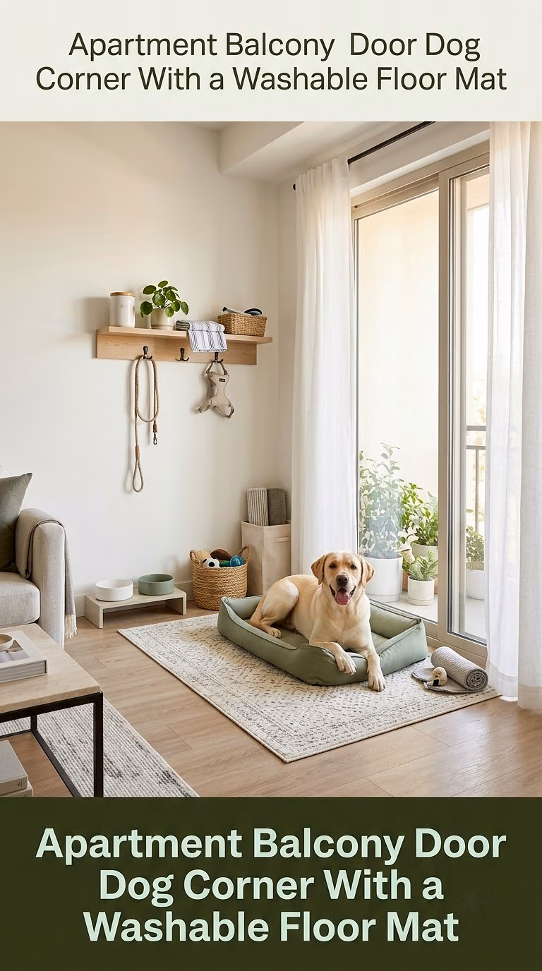 15. Apartment Balcony Door Dog Corner With a Washable Floor Mat