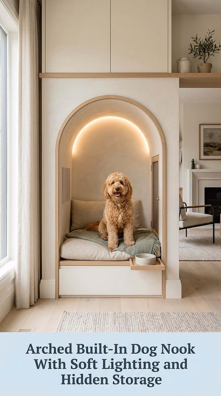 Arched Built-In Dog Nook With Soft Lighting and Hidden Storage