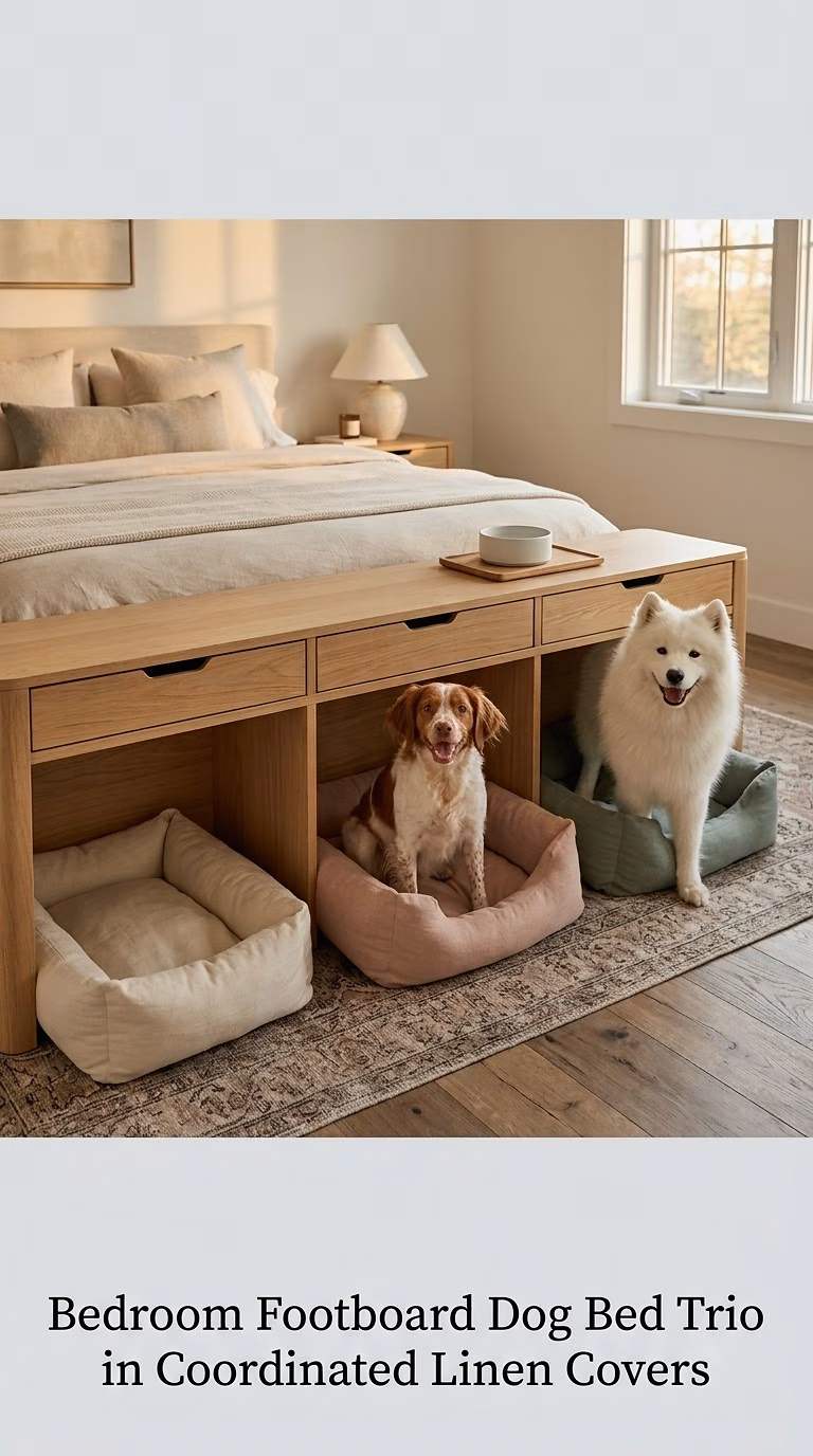 Bedroom Footboard Dog Bed Trio in Coordinated Linen Covers