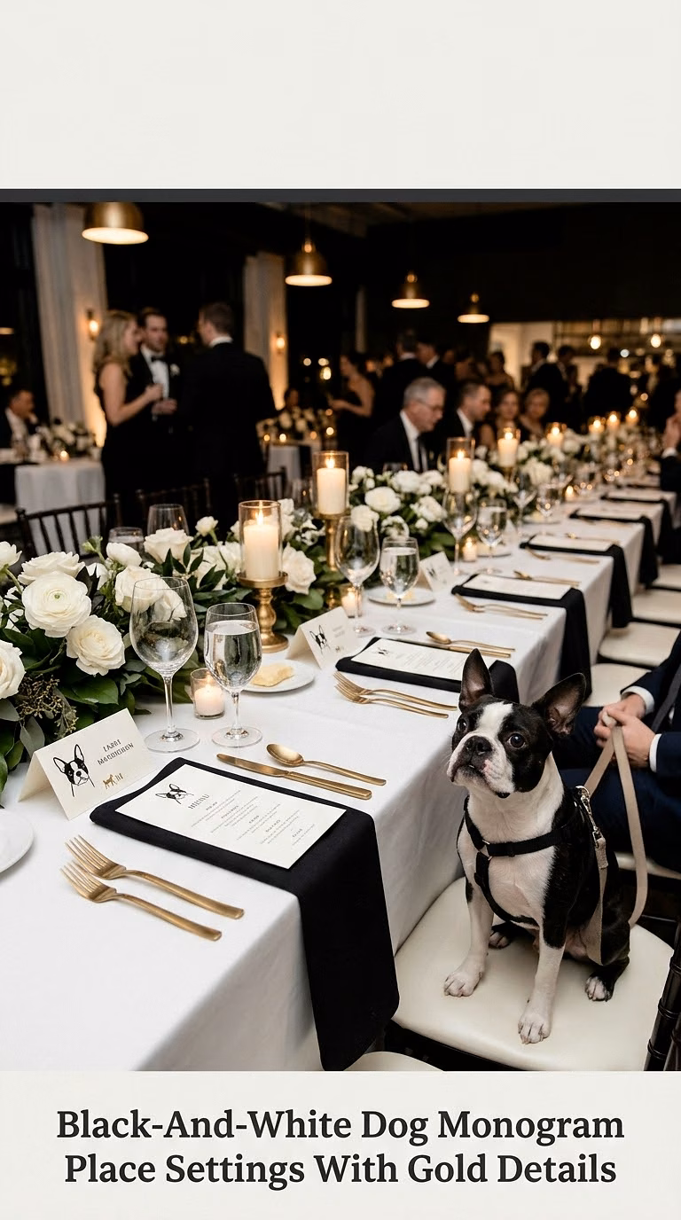 Black-And-White Dog Monogram Place Settings With Gold Details