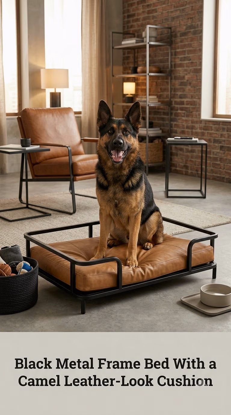 Black Metal Frame Bed With a Camel Leather-Look Cushion