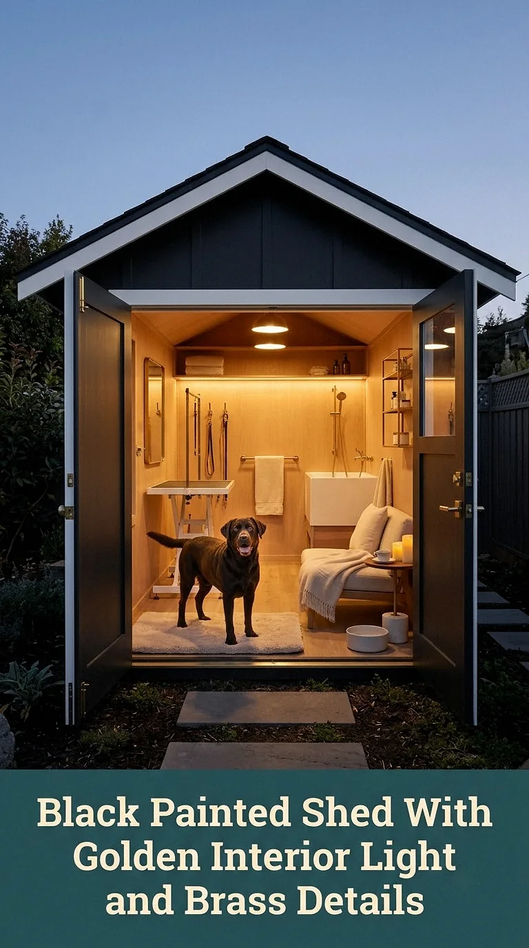 Black Painted Shed With Golden Interior Light and Brass Details